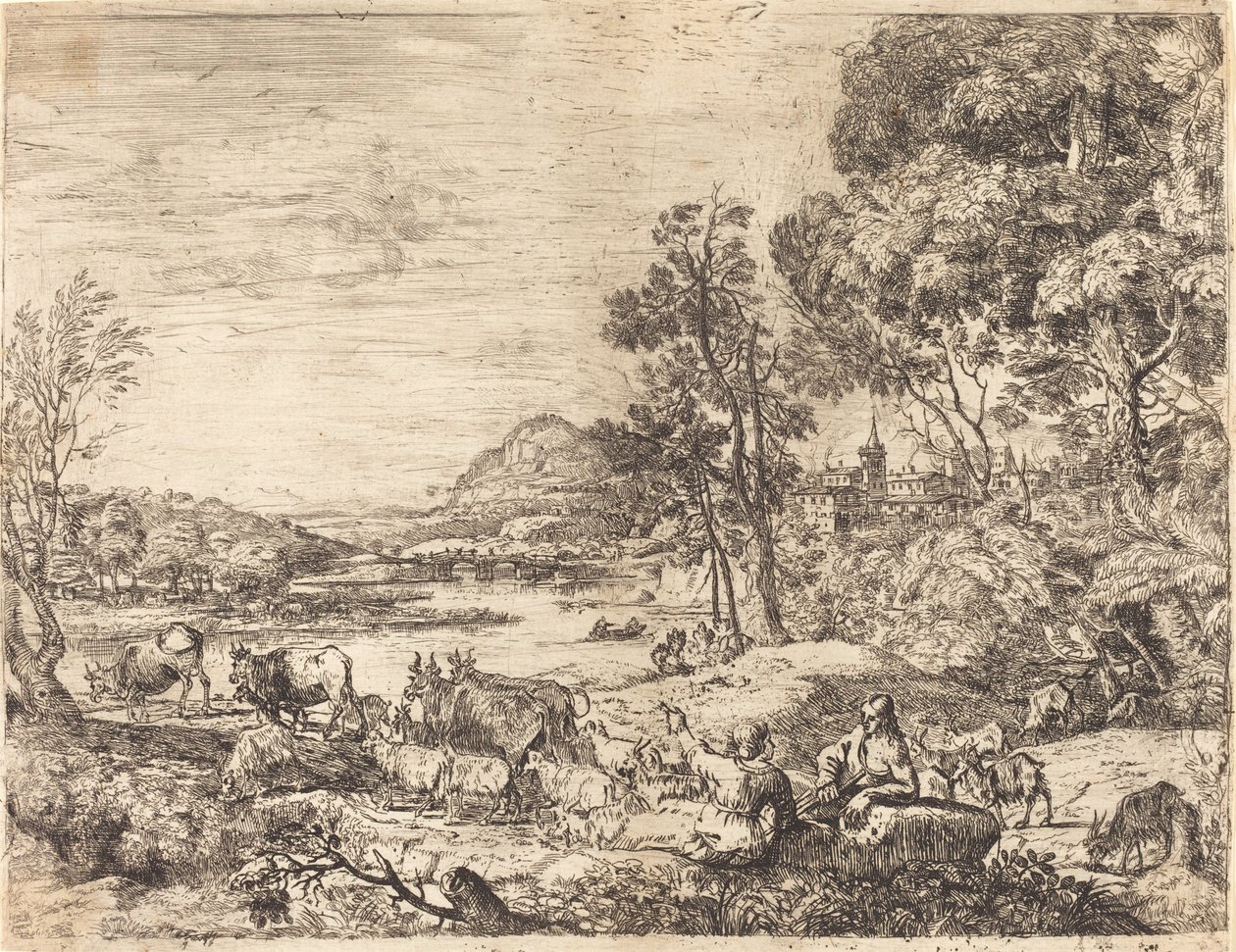 Herde och herdinna samtalar i ett landskap (Berger et bergère conversant) av Claude Lorrain