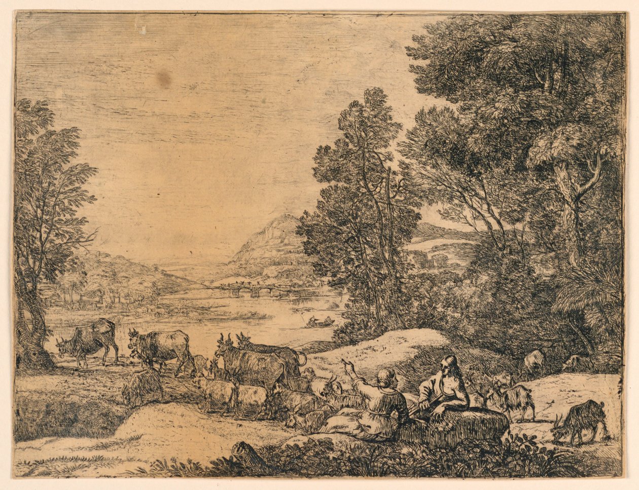 Herde och herdinna samtalar i ett landskap av Claude Lorrain