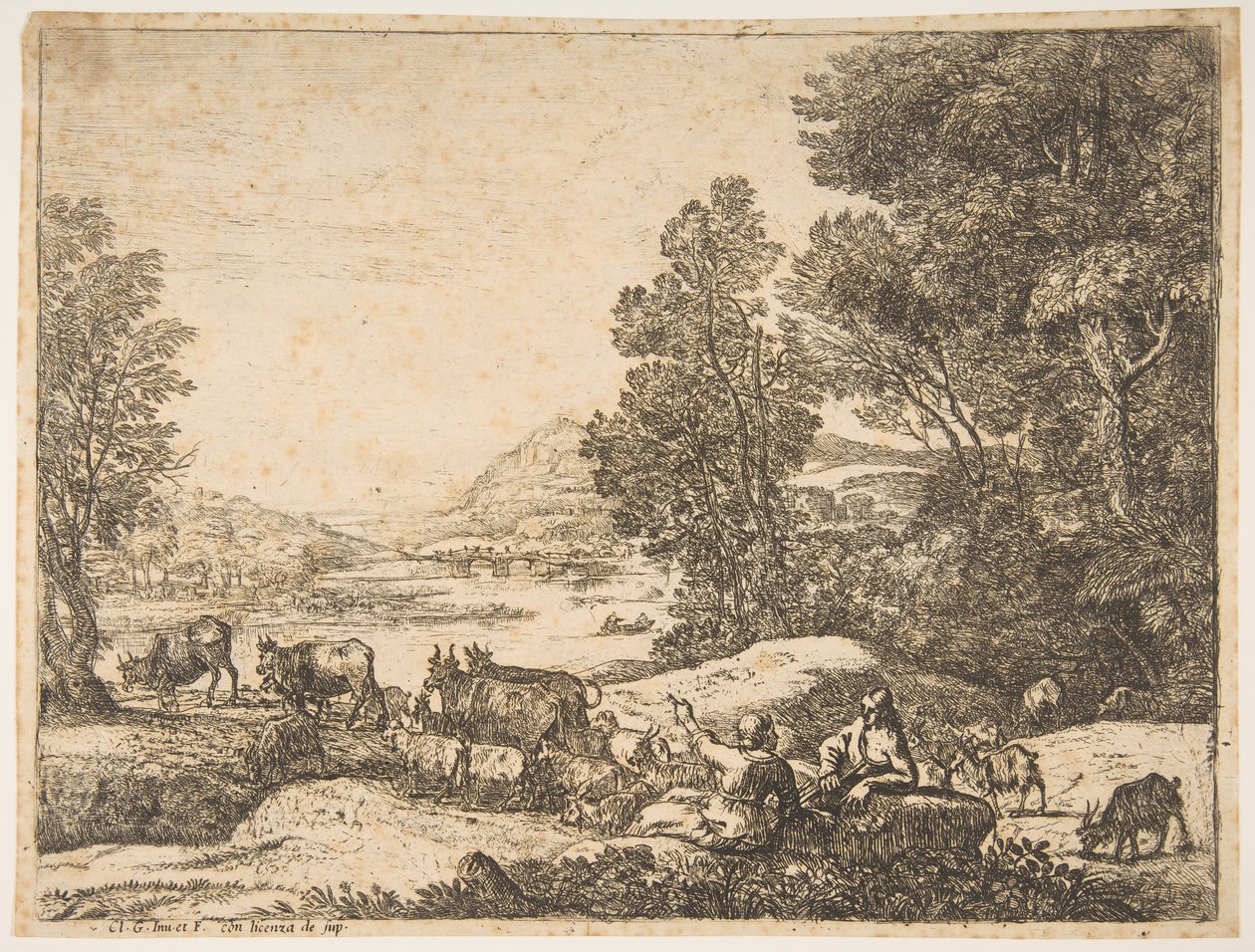 Herde och herdinna samtalar i ett landskap, ca. 1651. av Claude Lorrain