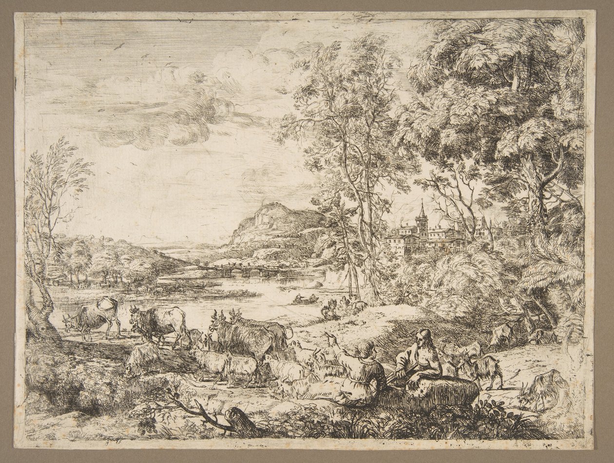 Herde och herdinna samtalar i ett landskap, ca. 1651. av Claude Lorrain