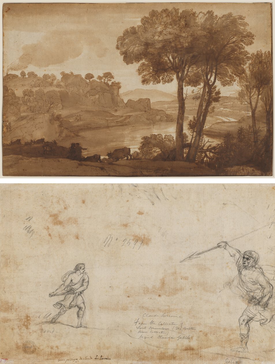 Utsikt över Acqua Acetosa (recto); David och Goliat (verso) av Claude Lorrain