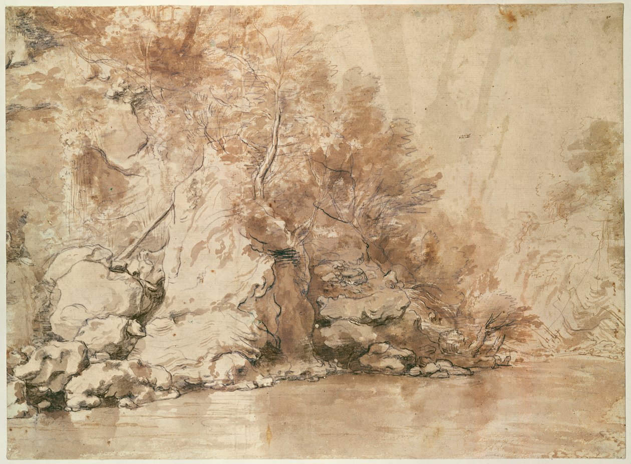 En studie för ett landskap (penna och bistre och tvätt på papper) av Claude Lorrain
