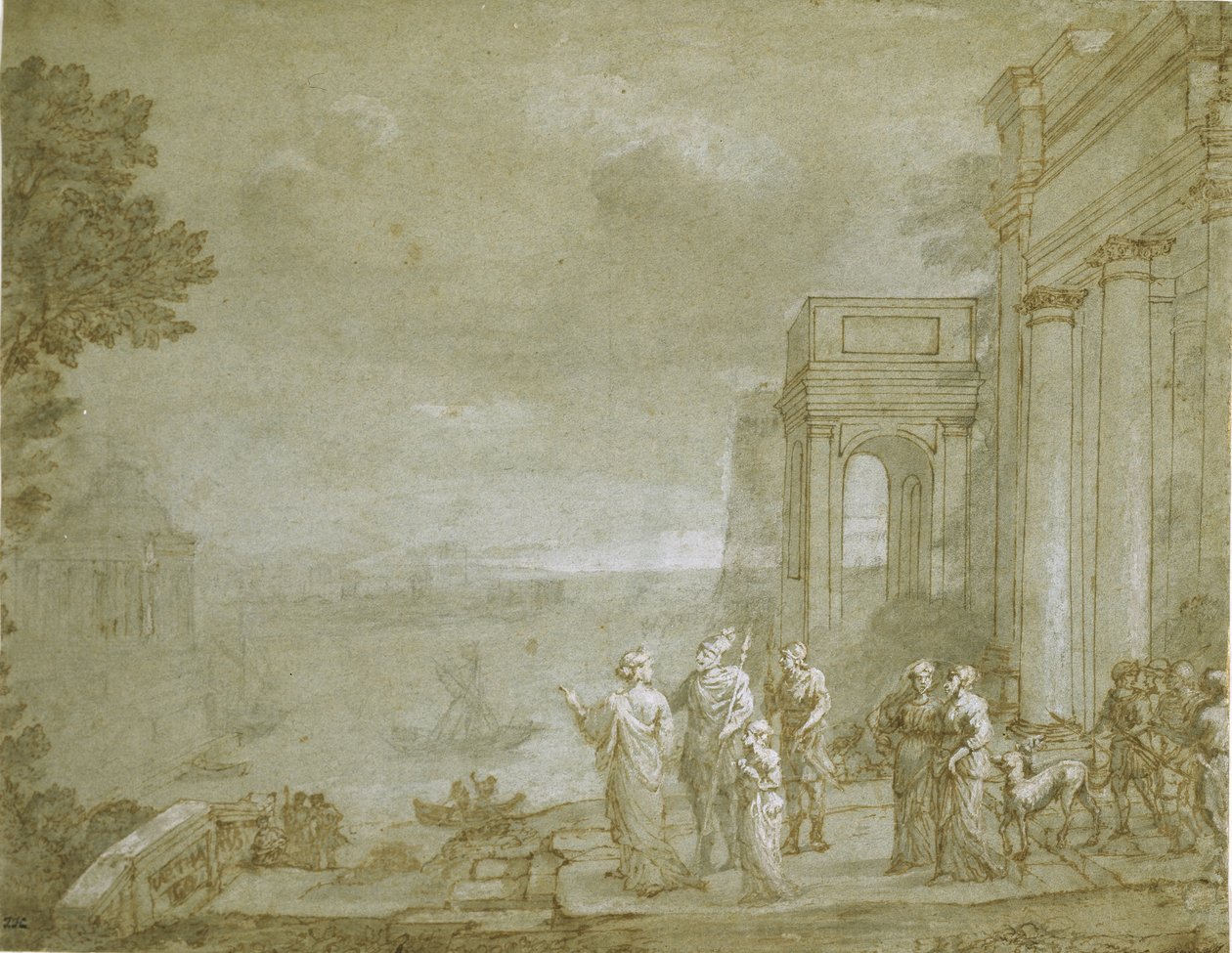 Vy över Kartago med Dido och Aeneas, 1676 (penna och bläck med tvätt och krita, förhöjd med vitt på papper) av Claude Lorrain