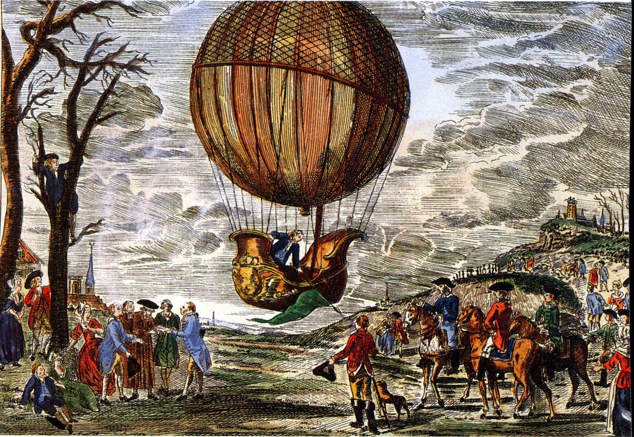 Flygning av en luftballong under utseende av hertigen av Chartres 1783, gravyr av Claude Louis (after) Desrais