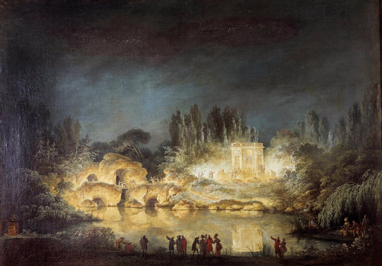 Belysning av Belvedere-paviljongen i trädgårdarna vid Peer Trianon i Versailles under festen som drottning Marie Antoinette gav för att hedra hennes bror Joseph II (1741-1790) i augusti 1781. Målning av Claude Louis Chatelet (1753-1794) av Claude Louis Chatelet