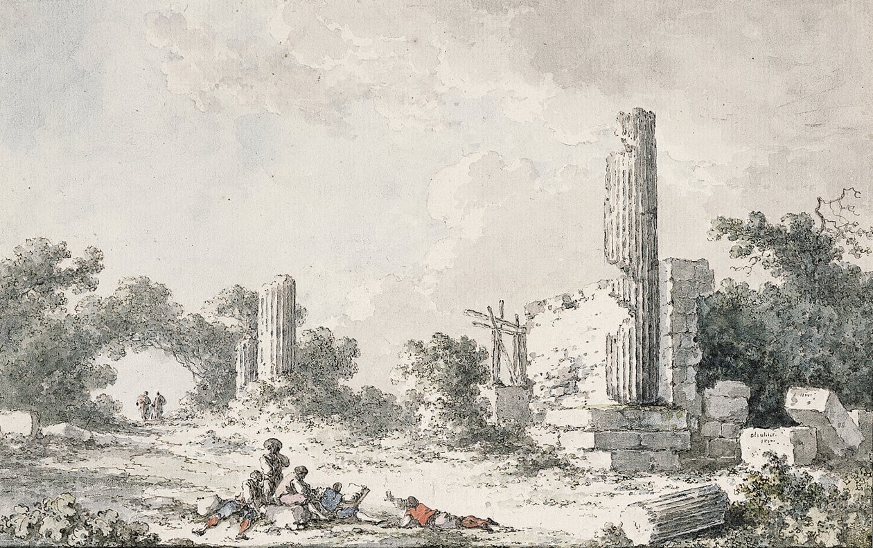 Ruinerna av templet Castor och Pollux, Agrigento, med konstnärer som skissar av Claude Louis Chatelet