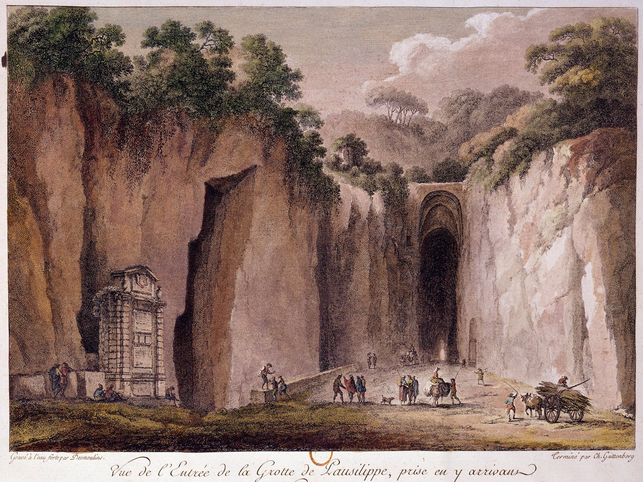 Vy över Pausilippes grotta (Posillipo) (eller "Grotta Vecchia"), nära Neapel. ritning av Chatelet. av Claude Louis Chatelet