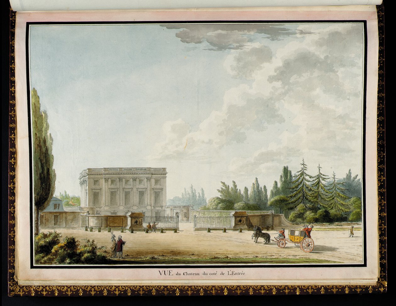 Utsikt över slottet från sidan av ingången, från Recueil des plans du Petit Trianon av Richard Mique (1728-94) av Claude Louis Chatelet