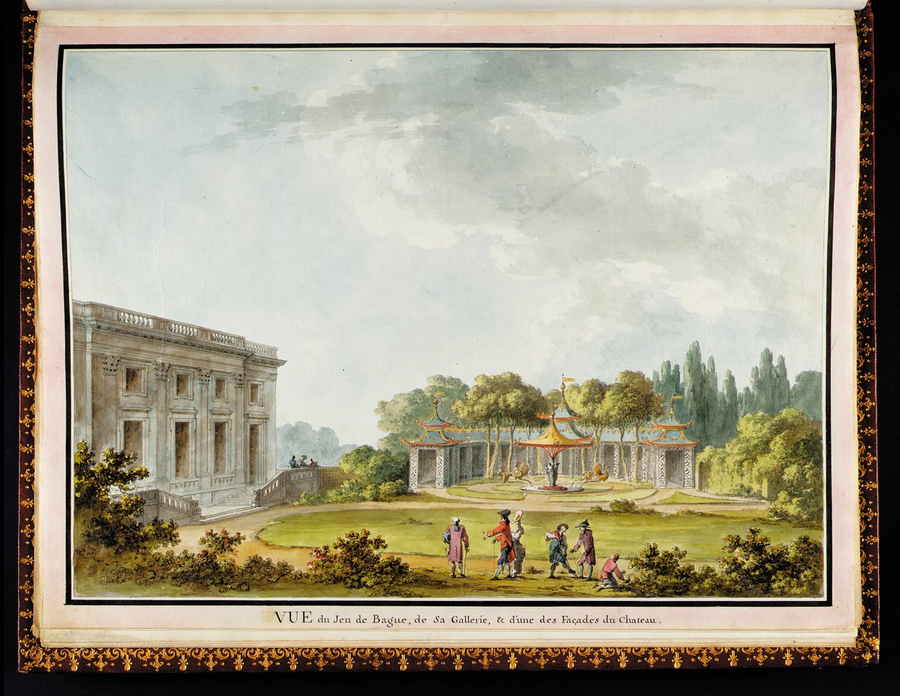 Utsikt över Jeu de Bague, dess galleri och en av slottets fasader, från Recueil des plans du Petit Trianon av Richard Mique (1728-94) av Claude Louis Chatelet