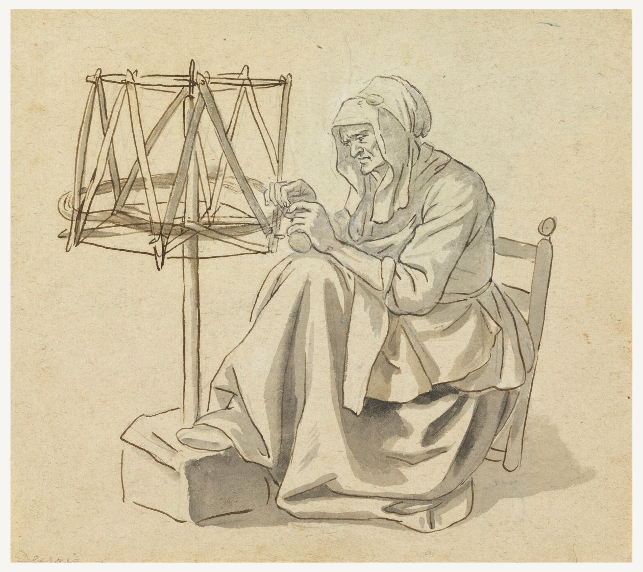 Teckning, En gammal kvinna som spinner, 1810-30 av Claude Louis Desrais