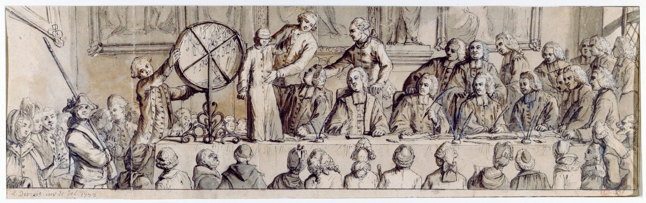 Dra ut lotteriet på Hotel de Ville, 1772 (penna, bläck och tvätt) av Claude Louis Desrais