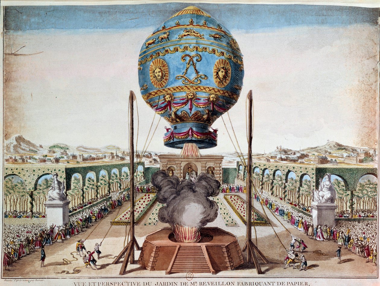 Erfarenhet av bröderna Montgolfiere den 19 oktober 1783 i Monsieur Reveillons trädgård, faubourg Saint Antoine i Paris. Gravyr av Desrais Claude Louis Desrais (1746-1816) av Claude Louis Desrais