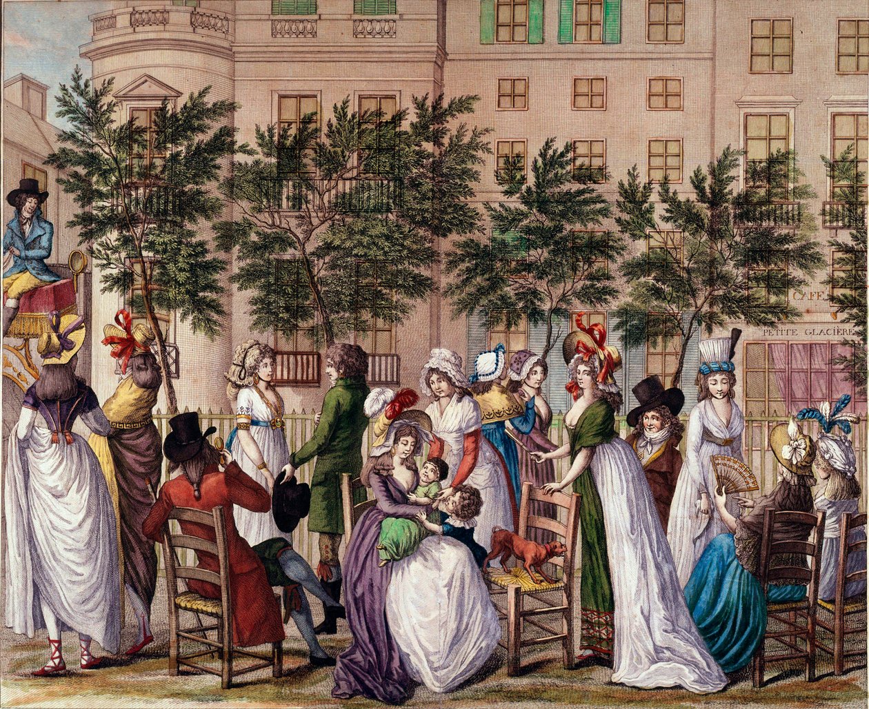 Mode under styrelsen: "Le petit Coblenz", strandpromenaden Boulevard des Italians i Paris. Litografi av Claude Louis Desrais (1746-1816) 1798. Paris, Musee Carnavalet av Claude Louis Desrais