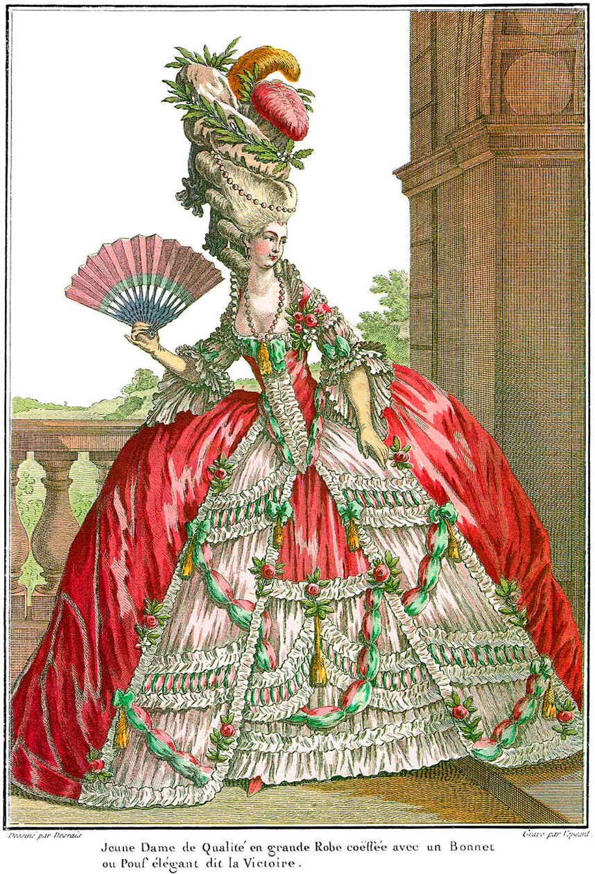 Fransk hovklänning med vida väskor, 1778. av Claude Louis Desrais