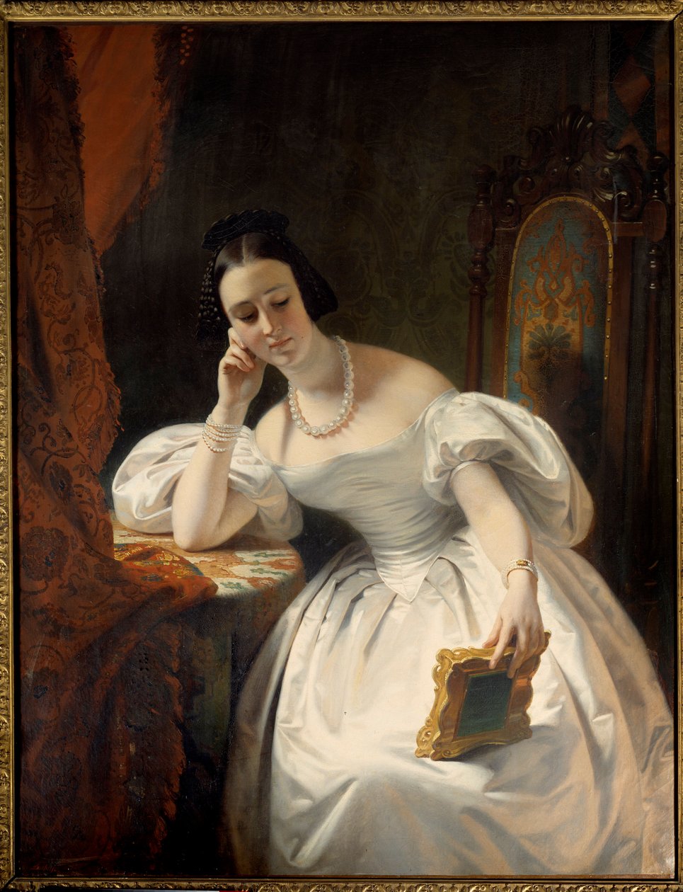 Ung flicka i spegeln. Målning av Claude Marie Dubufe (1790-1864) av Claude Marie Dubufe