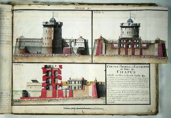 Atlas 131 F fol.85 Tvärsnitt och höjder av Chapus Fort, från Traite de Fortifications, c.1720 av Claude Masse