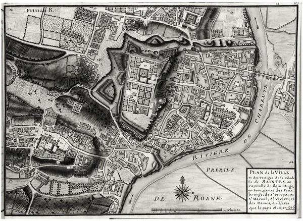Atlas 131 F fol.8 Karta över Saintes, huvudstad i Saintonge, från Recueil des Plans de Saintonge, 1716 (penna & bläck och wc på papper) av Claude Masse