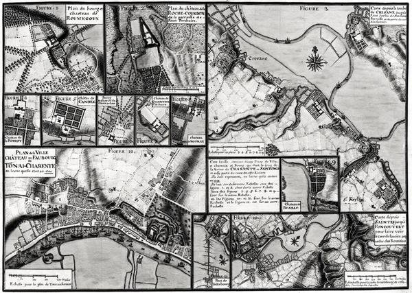 Fol.7 & 98 Karta över städer och slott som ligger längs floden Charente 1714, från Recueil des Plans de Saintonge (penna & bläck och wc på papper) av Claude Masse