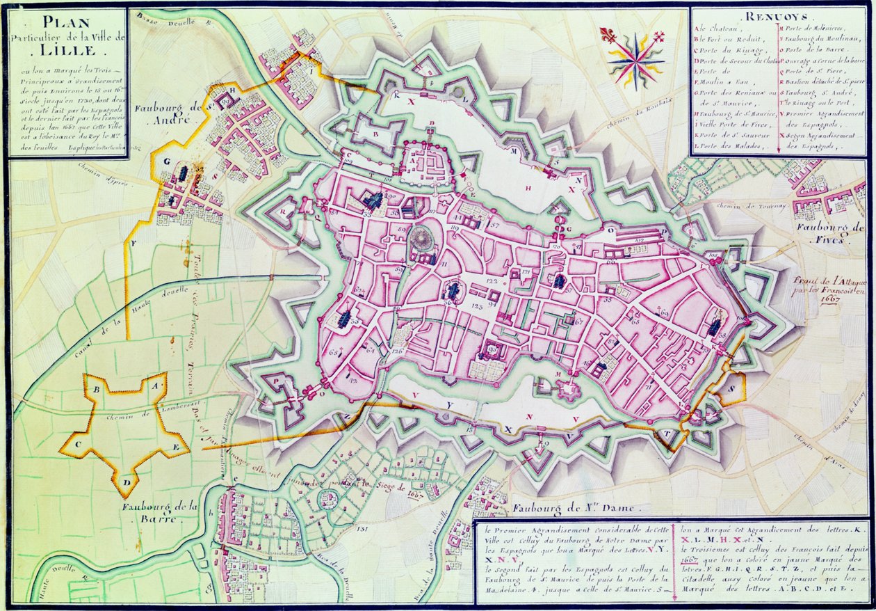 Karta över staden Lille, från "Atlas et Histoire de Lille" (penna och bläck och wc på papper) av Claude Masse