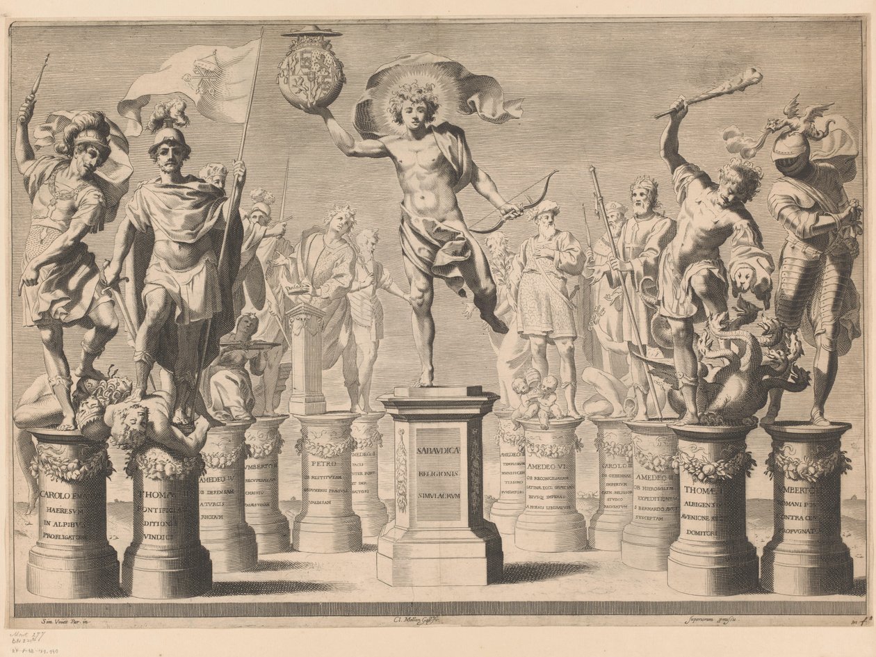 Allegori till ära av House of Savoy med legendariska figurer på piedestaler av Claude Mellan