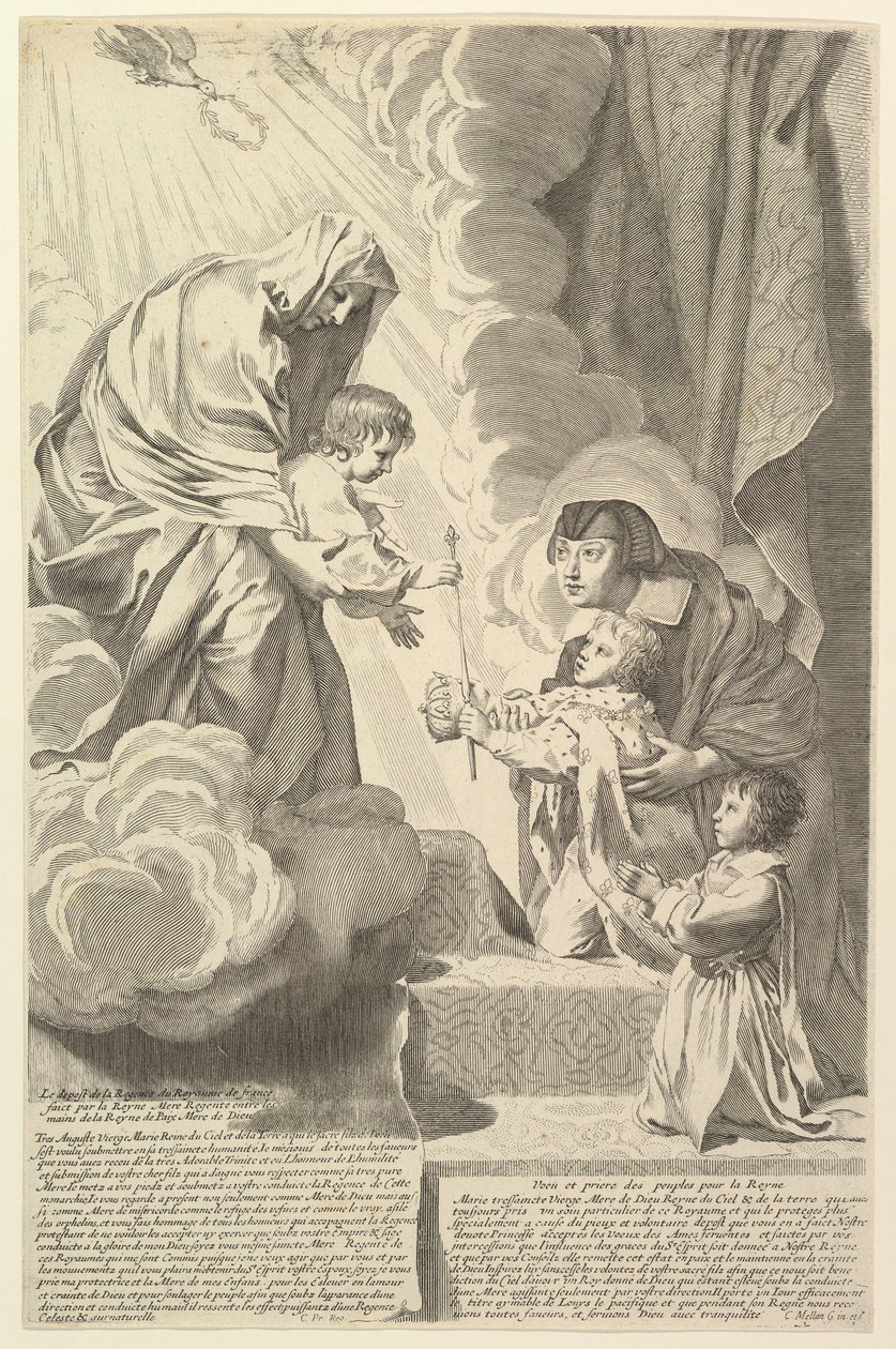 Anne av Österrike med den unge Ludvig XIV och Monsieur före jungfrun och barnet Anne dAutr.... av Claude Mellan