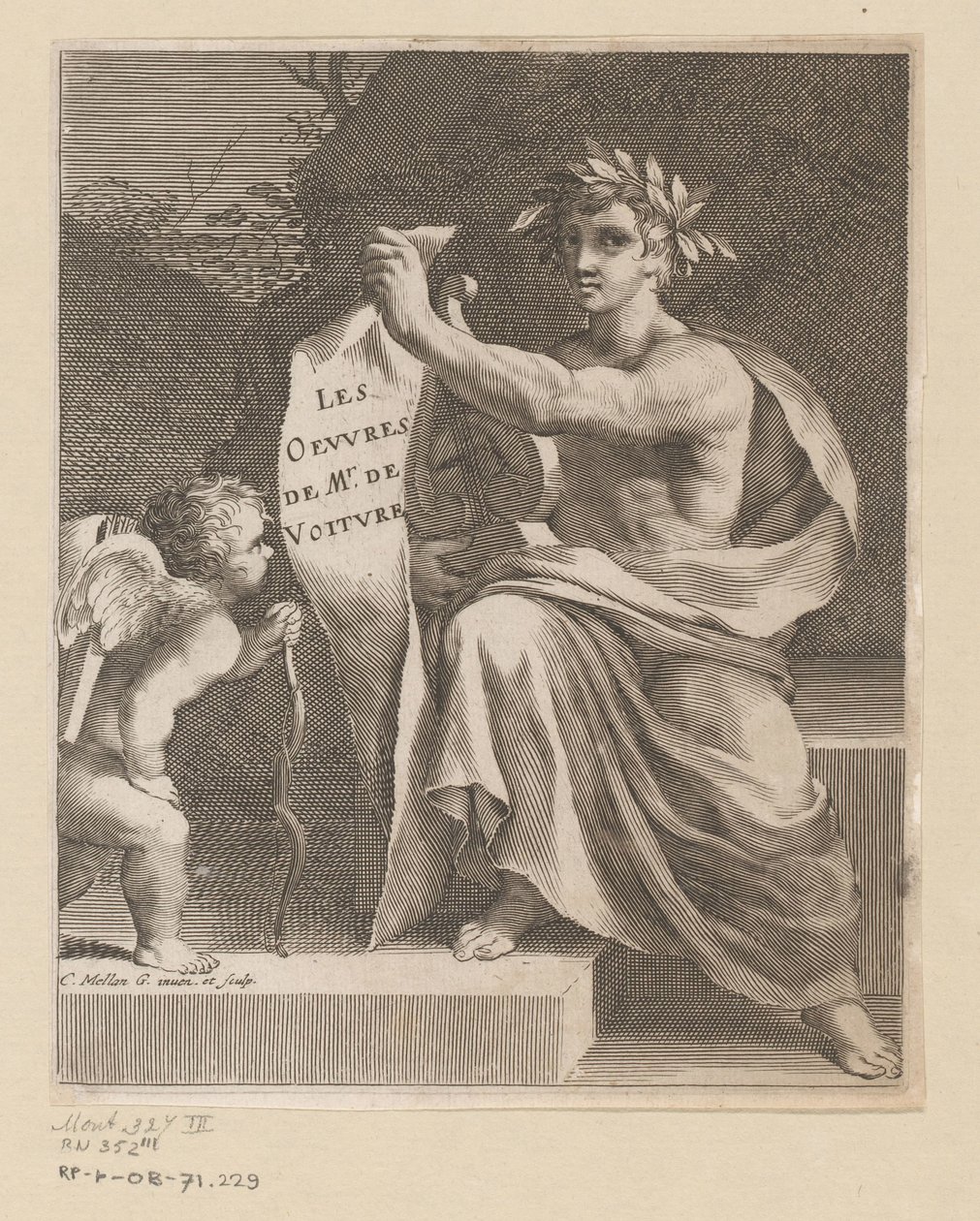 Apollo en en amor The Works of Mr. de Voiture (titel på objekt) Titelsida för: Vincent de Voiture, The Works of Vincent de Voiture, 1650 av Claude Mellan