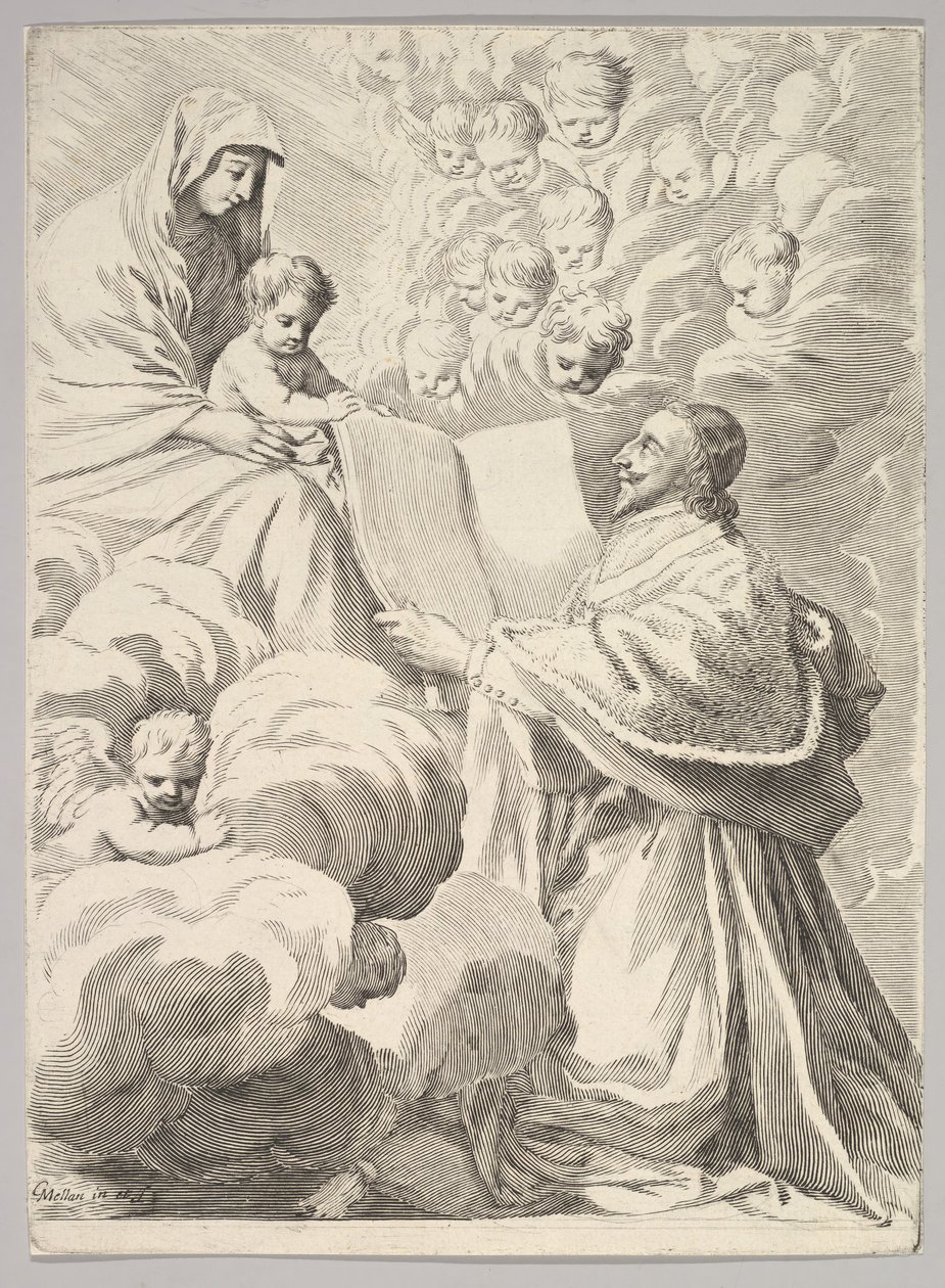 Kardinal Richelieu, Knästående, presenterar sin bok för jungfrun och barnet, ca. 1646. av Claude Mellan