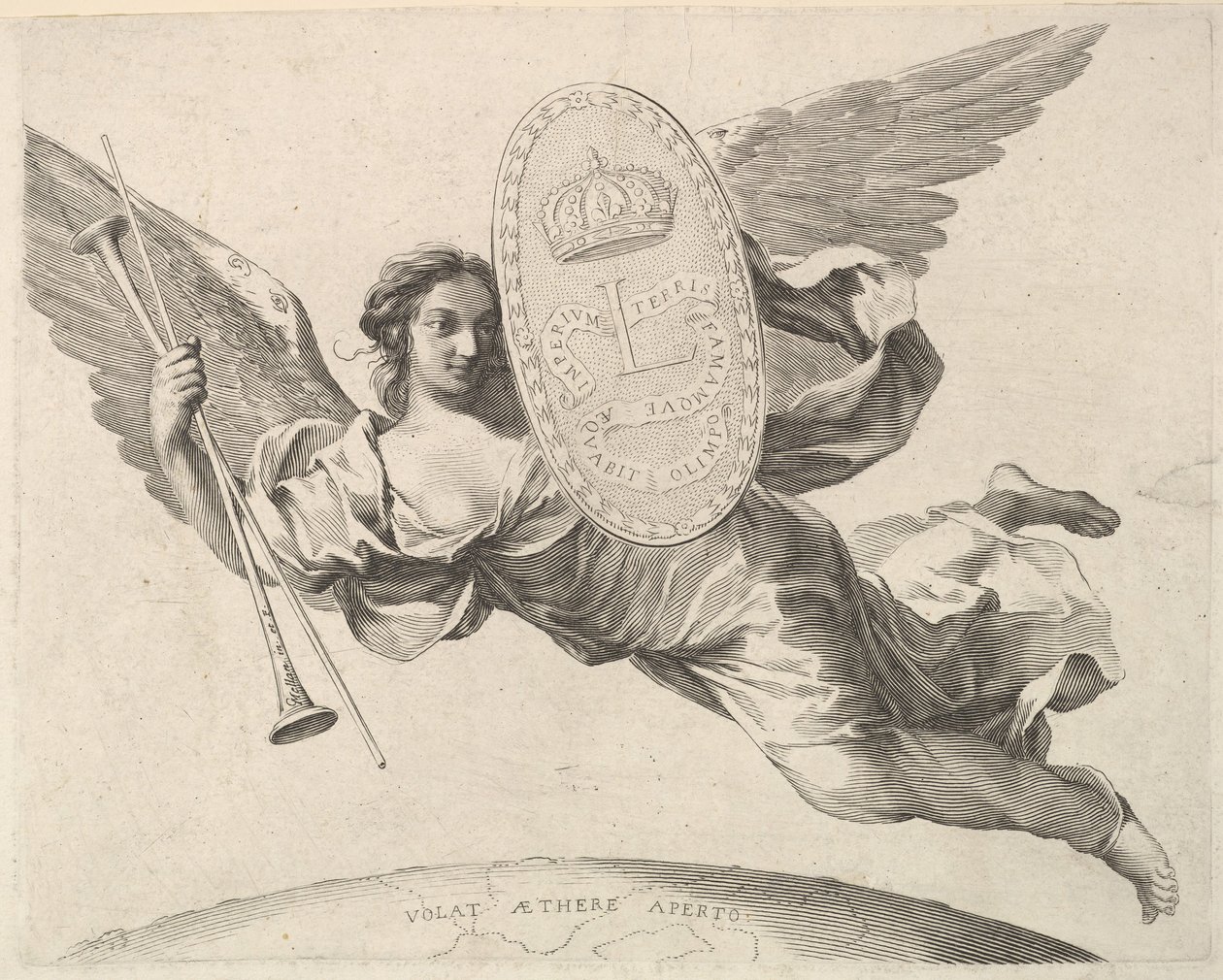 Fame som bär en sköld med initialen av Louis XIV La Renommée volant. av Claude Mellan
