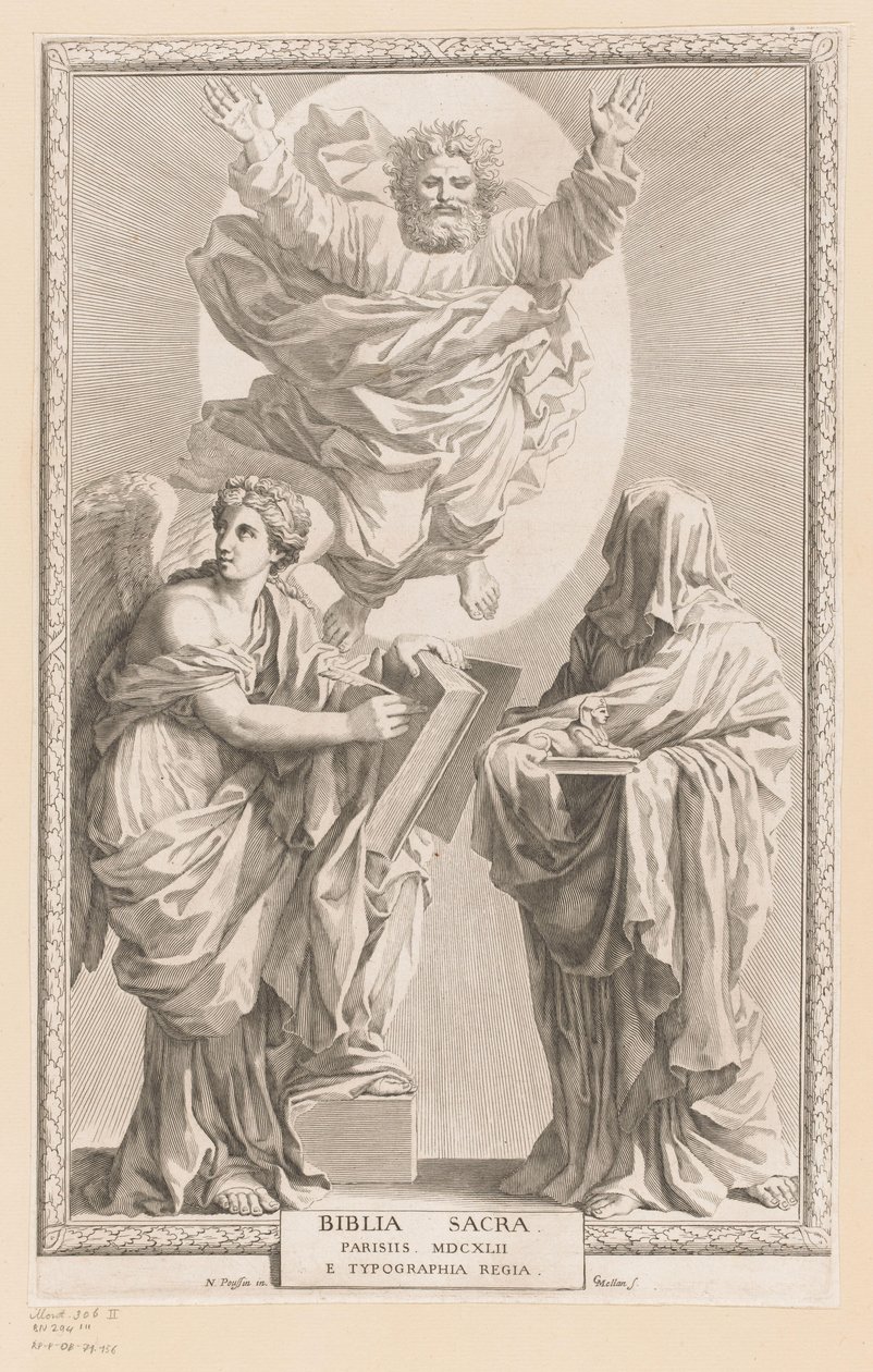 Gud med personifiering av historia och profetior Titelsida för: Biblia Sacra, 1642 av Claude Mellan