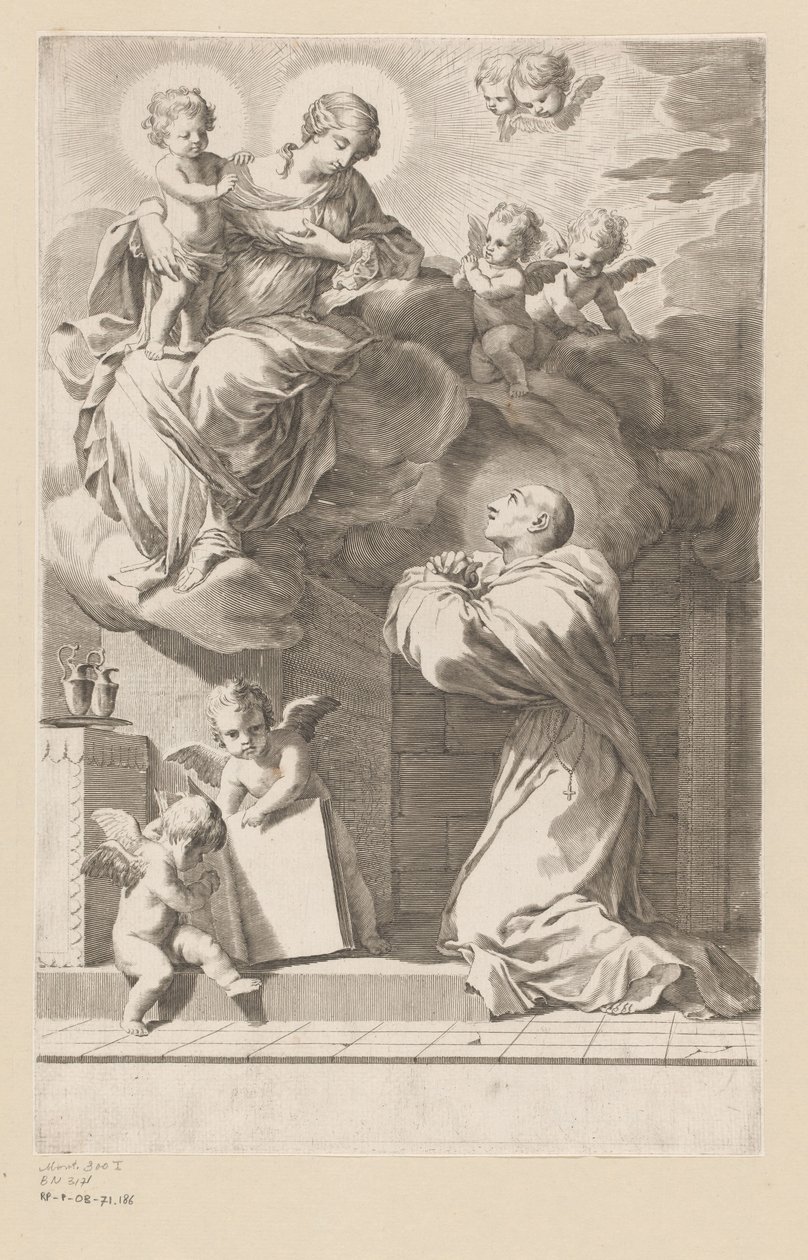 H. Bernard knäböjer inför en uppenbarelse av Jungfrun och barnet Titelsida för: Saint Bernardus, Divi Bernardi Abbatis (...), 1640 av Claude Mellan