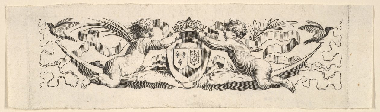 Pannband: Två spädbarn med armarna från Frankrike och Navarra. av Claude Mellan