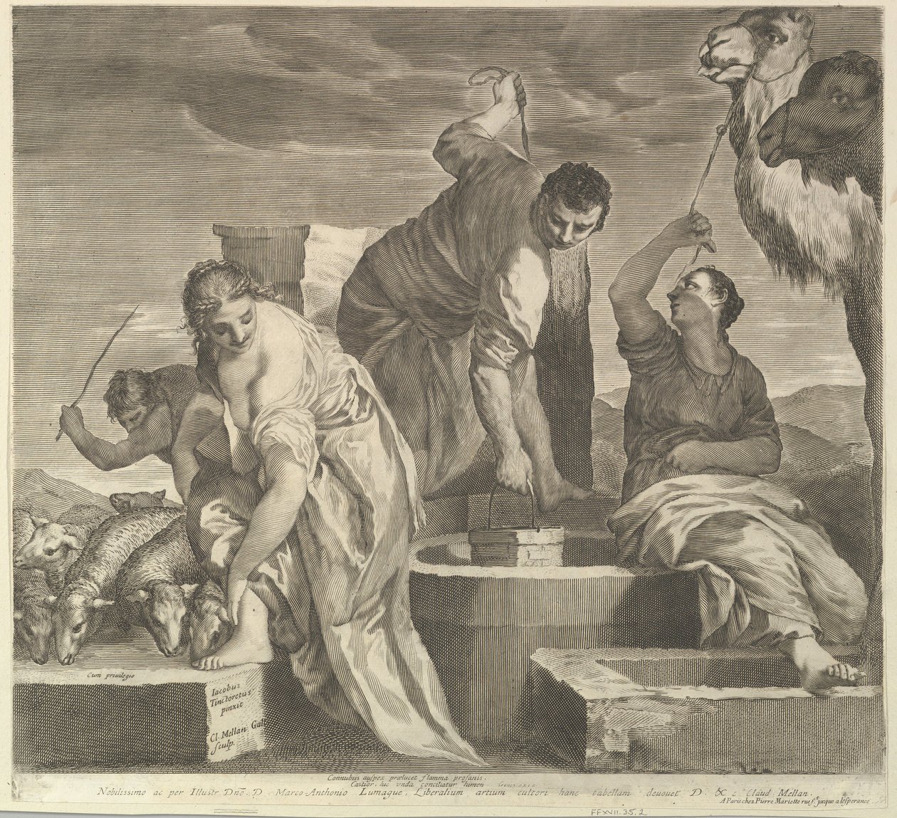 Jacob drar vatten åt Rachels djur Jacob vattnar Rachels flock. av Claude Mellan