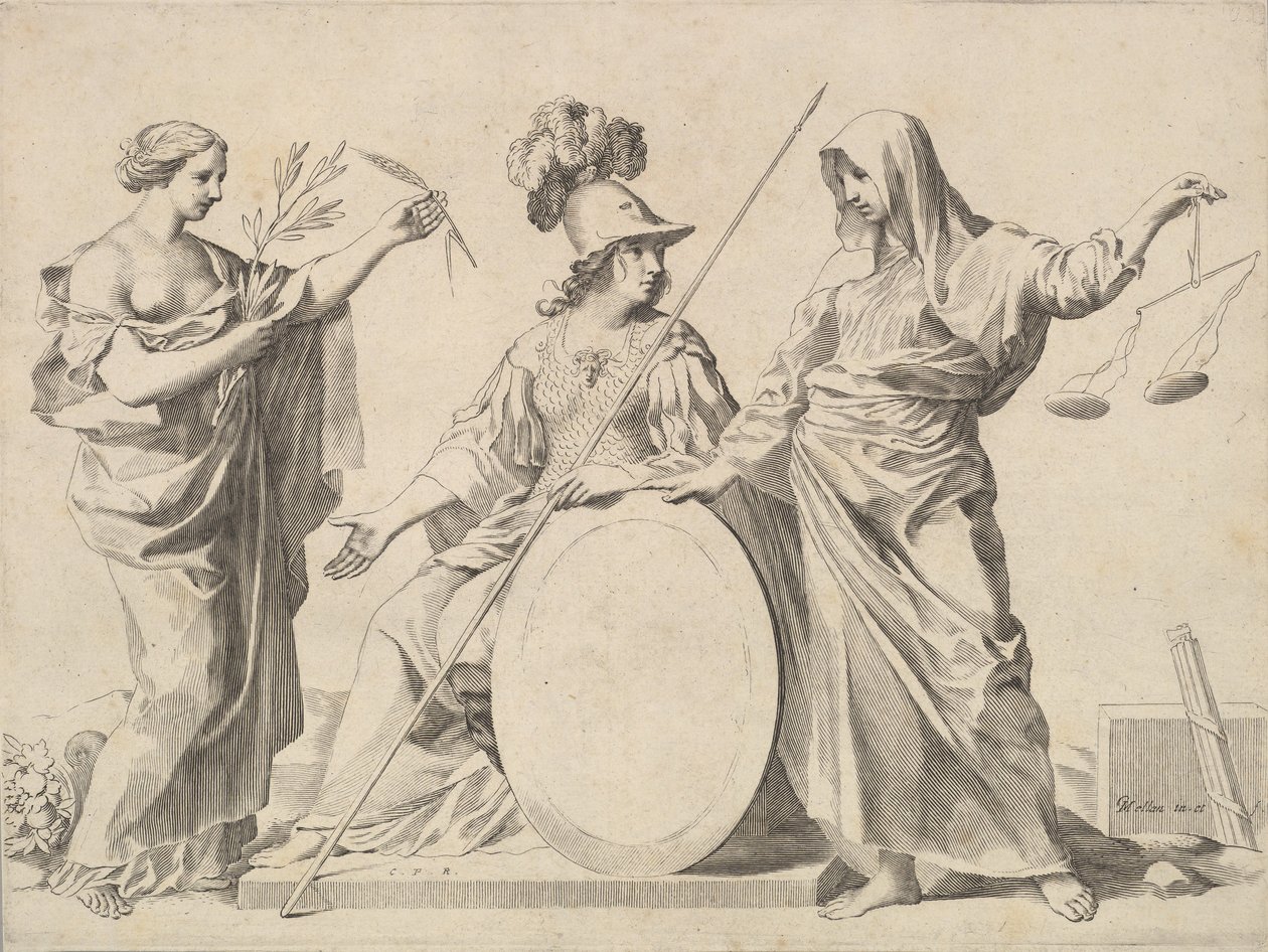 Minerva flankerad av fred och rättvisa Armoires de Gallard et de Mesmes. av Claude Mellan