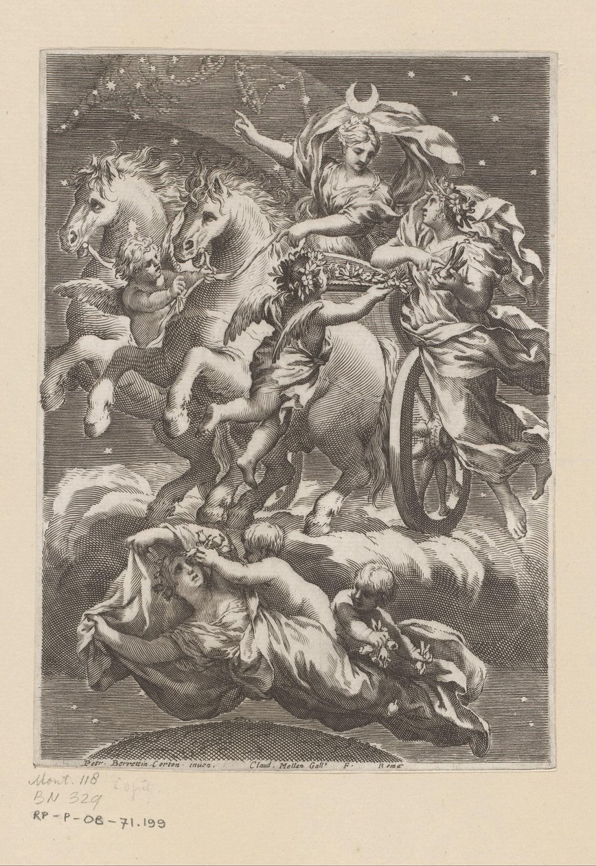 Personifiering av månen på hennes vagn Titelsida för: Giovanni Battista Ferrari, De Florum cultura libri IV, 1633 av Claude Mellan
