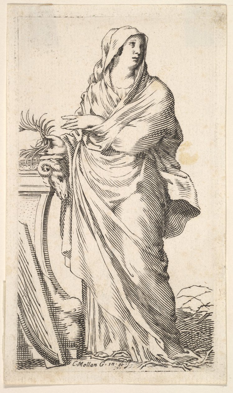 Klädd kvinna stående bredvid en sockel, hennes högra hand bär en palmkvist, en harpa r..., ca. 1620-88. av Claude Mellan