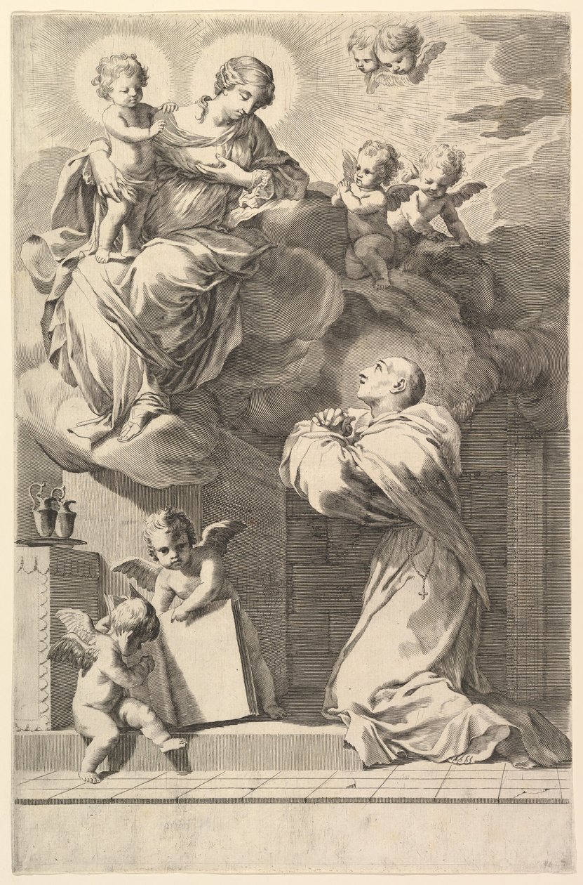 Sankt Bernard knäböjer inför jungfrun och barnet, 1640. av Claude Mellan