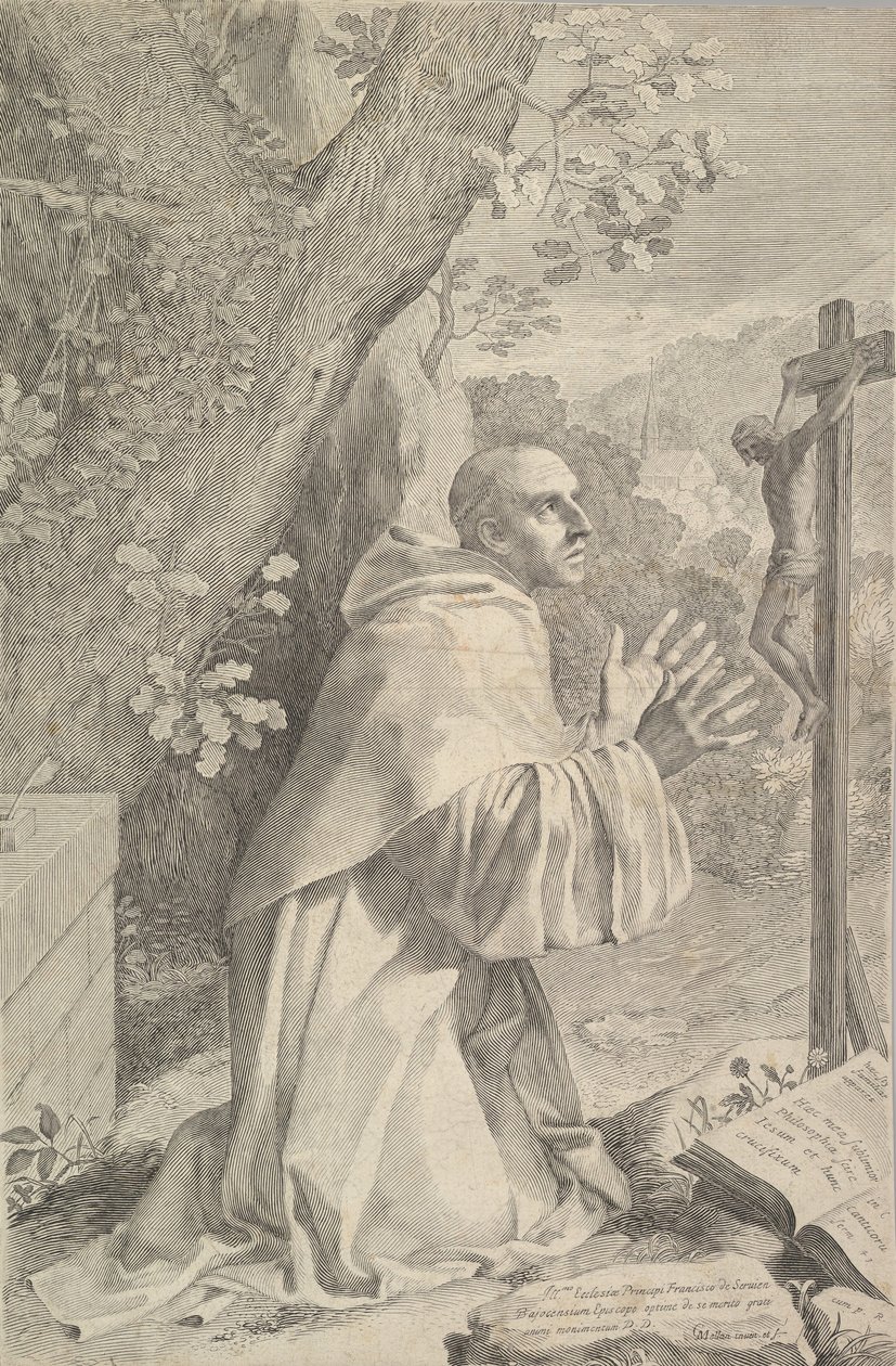 St. Bernard knästående inför ett krucifix, ca. 1655. av Claude Mellan
