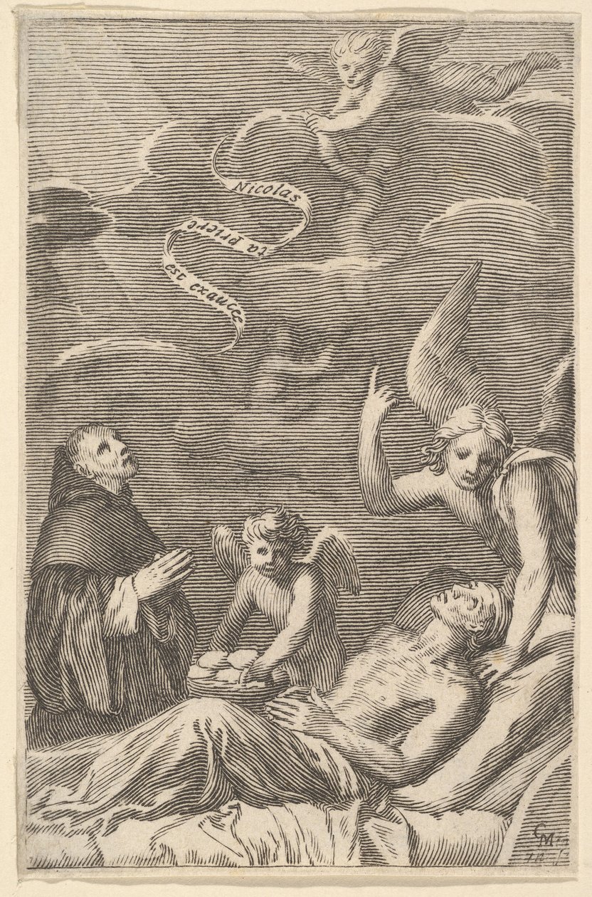 St. Nicolas ber för en döende man. av Claude Mellan