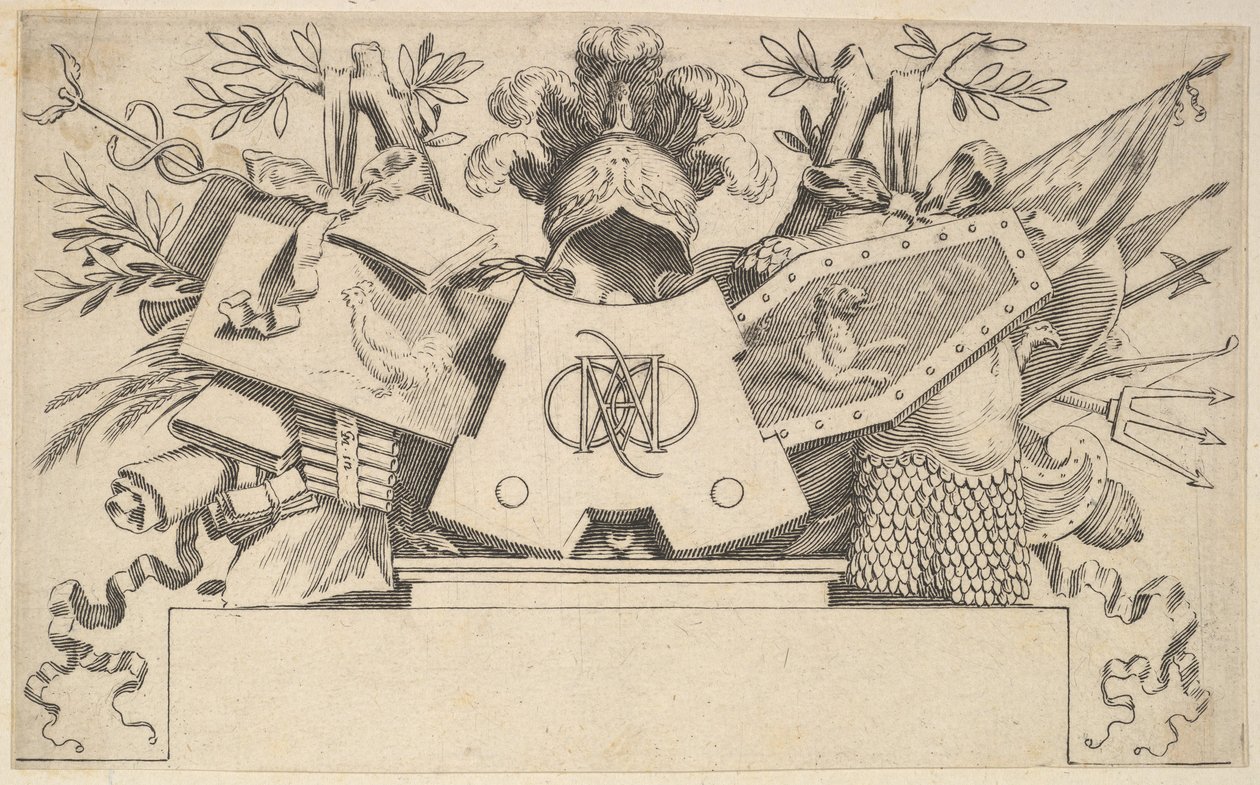 Trofé med monogram som innehåller LEONARDOS bokstäver, 1651. av Claude Mellan