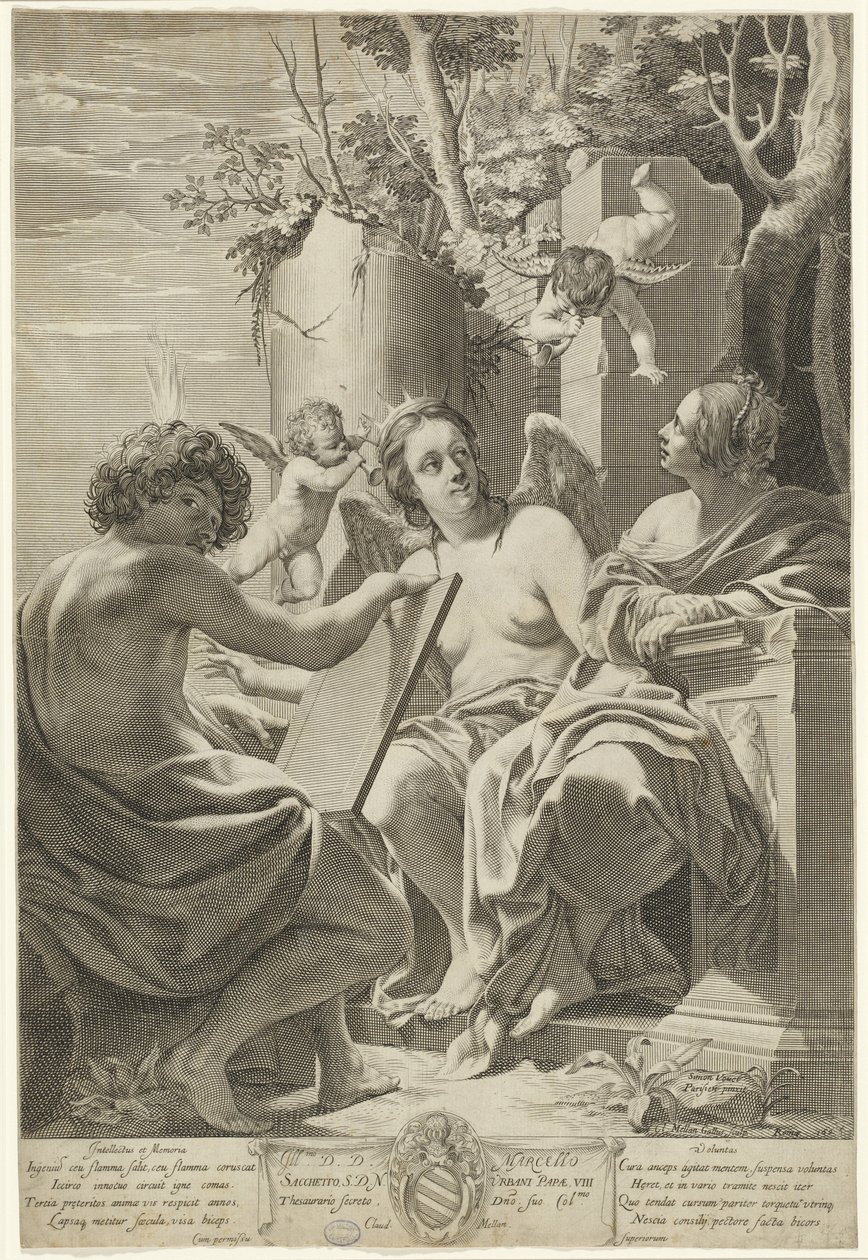 Allegori över intellekt, minne och vilja av Claude Mellan after Simon Vouet