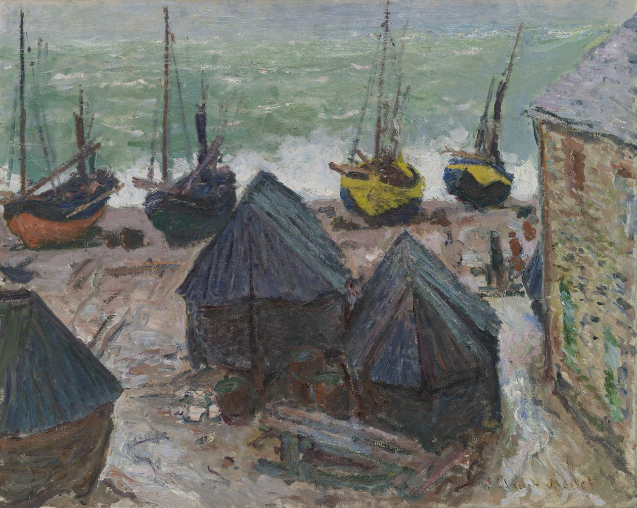 Båtar på stranden vid Étretat av Claude Monet