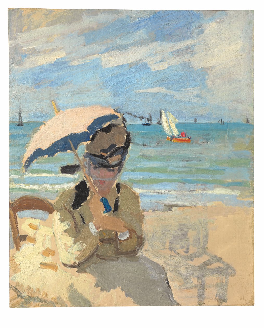 Camille sitter på stranden i Trouville av Claude Monet