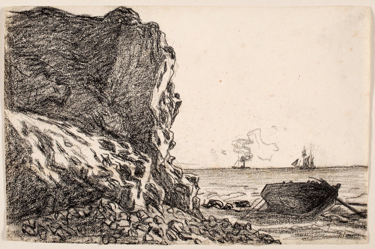 Cliffs and Sea, Sainte-Adresse, ca 1864 (svart krita på papper med elfenben) av Claude Monet