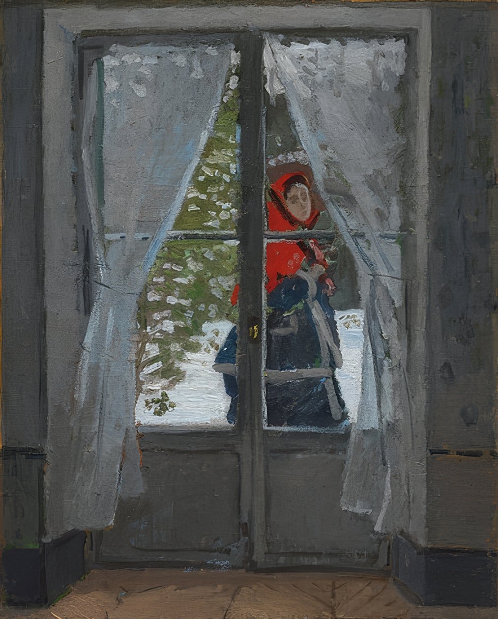 Den röda huvudduken (La capeline rouge). Omkring 1868-73 av Claude Monet