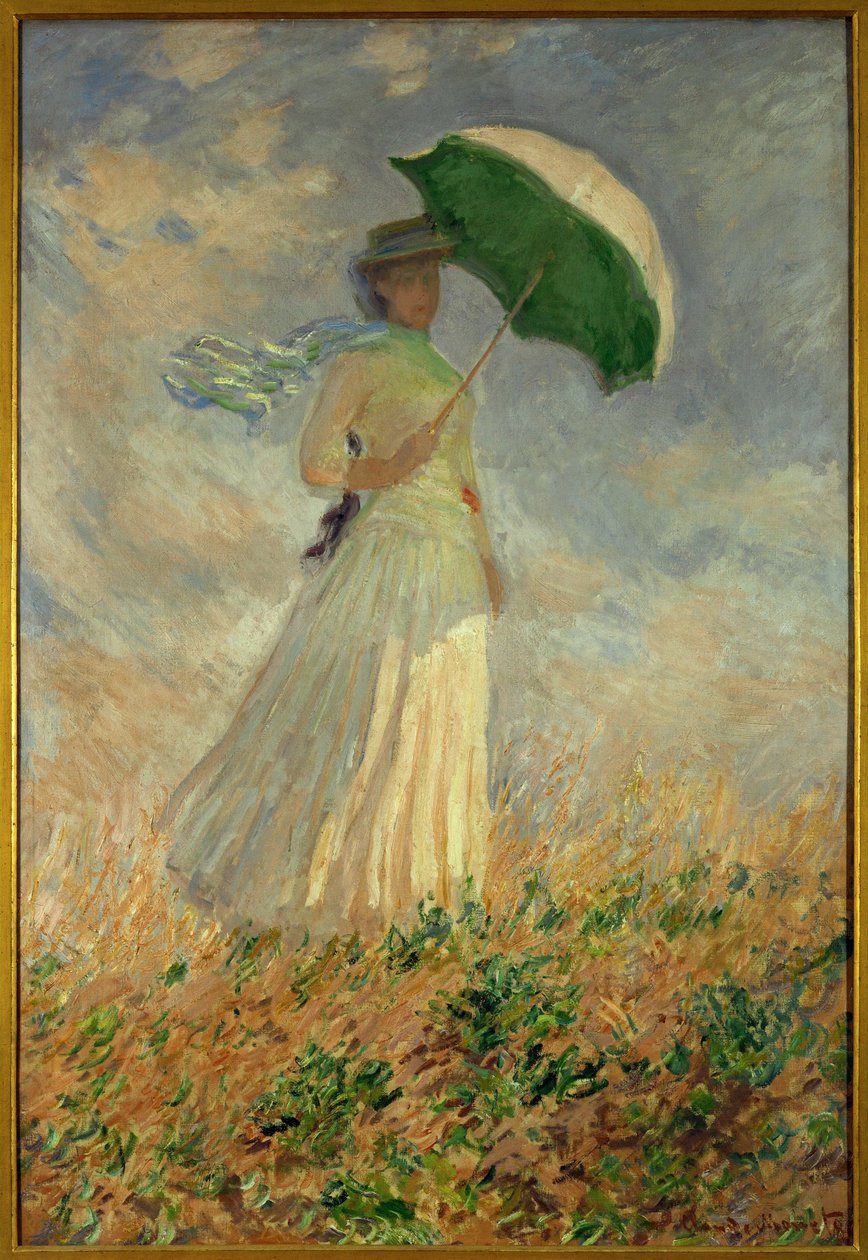 Kvinna med paraply som vänder sig åt höger ... (olja på duk) av Claude Monet