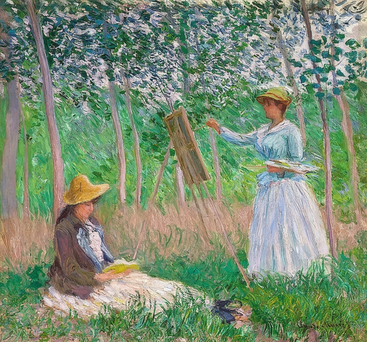 I Givernys trädgård: Blanche Hoschedé vid staffliet och Suzanne Hoschedé läser. 1887 av Claude Monet