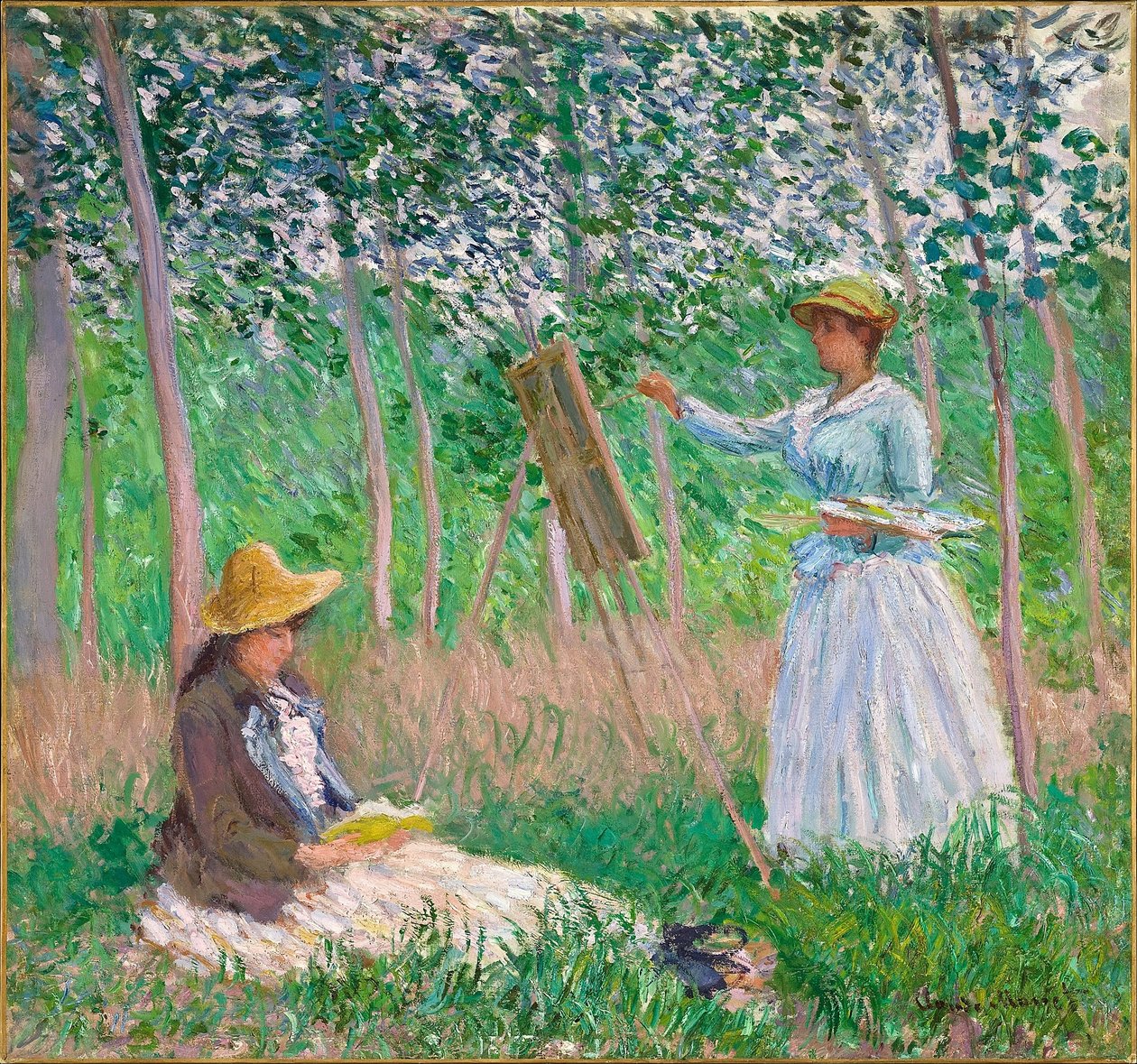 I skogen vid Giverny- Blanche Hoschedé vid hennes staffli med Suzanne Hoschedé som läser av Claude Monet