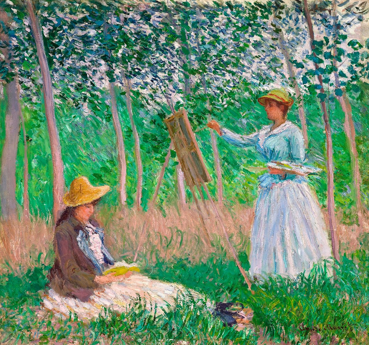 I skogen i Giverny: Blanche Hoschedé vid hennes staffli med Suzanne Hoschedé Reading, 1887 av Claude Monet