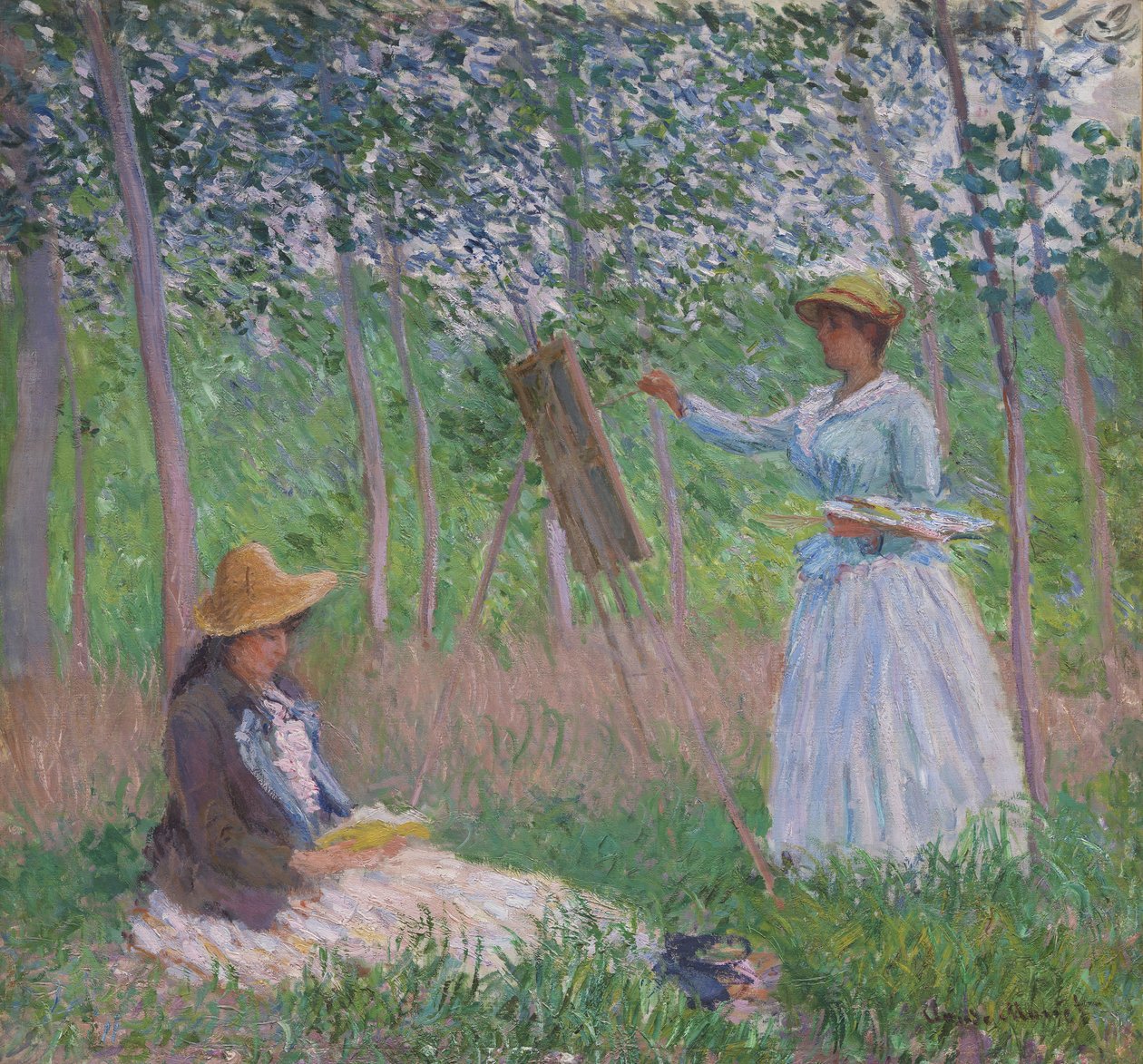 I skogen vid Giverny: Blanche Hoschedé vid sin staffli med Suzanne Hoschedé som läser av Claude Monet