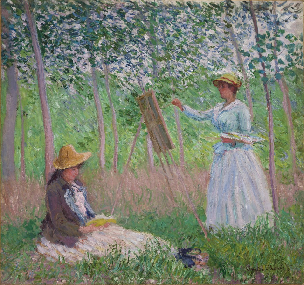In the Woods at Giverny: Blanche Hoschede vid sitt staffli med Suzanne Hoschede läsning, 1887 av Claude Monet
